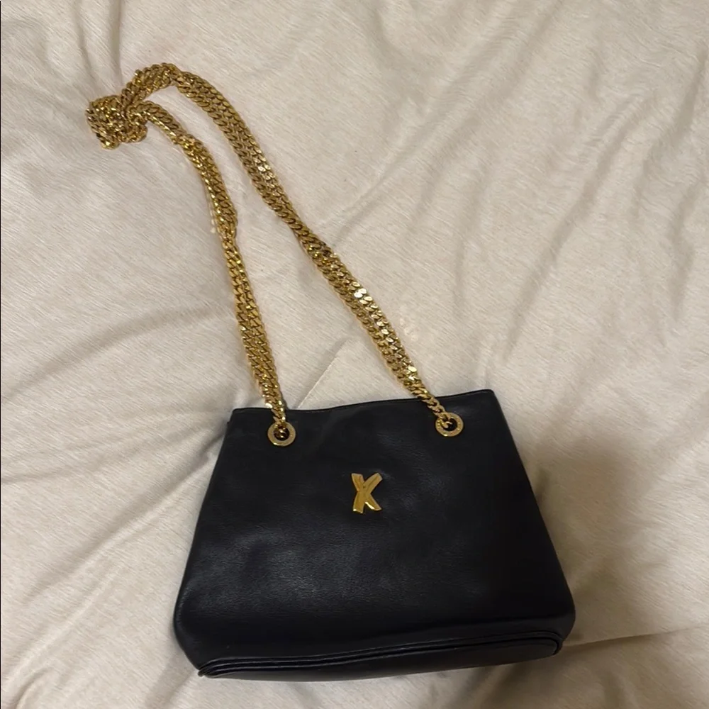 Paloma Picasso Black Leather Shoulder Bag with Gold Chain - Picture 2 of 11